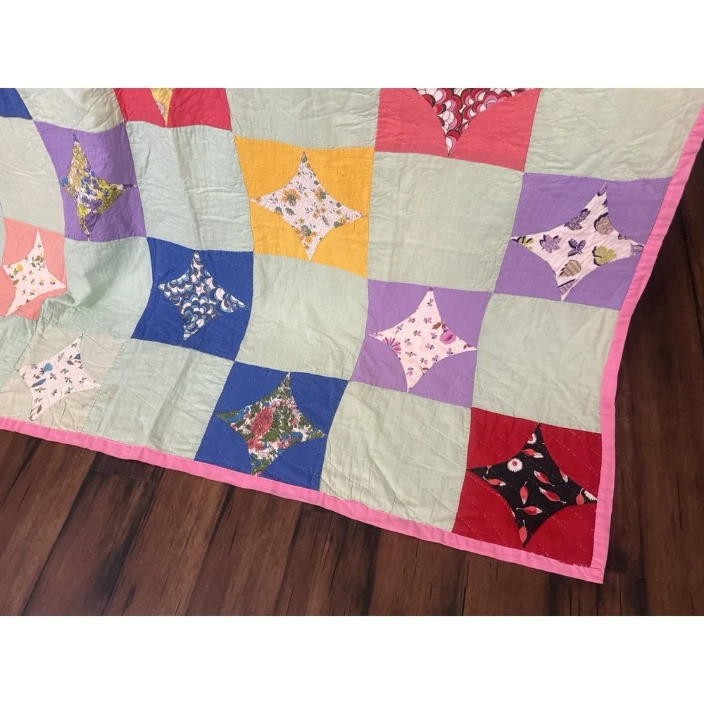 VTG Handmade Patchwork Quilt Diamond Floral Star Pattern Boho Farmhouse 60x74